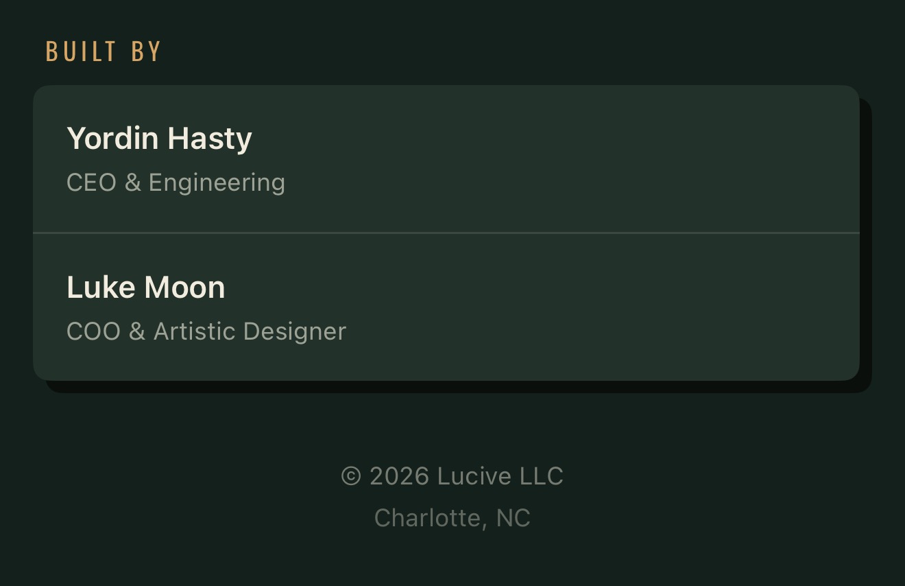 The app's Built by screen: Yordin Hasty, CEO and engineering. Luke Moon, COO and artistic designer.