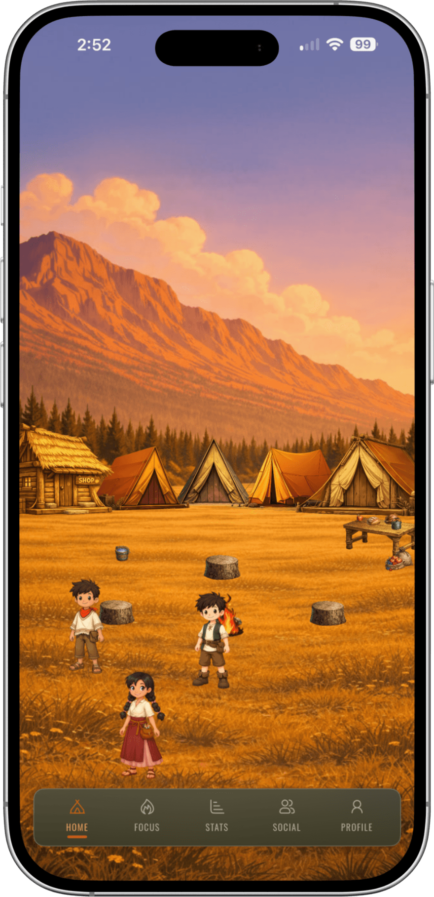 The Camp home screen: a campsite at golden hour with tents, a shop, and three campers
