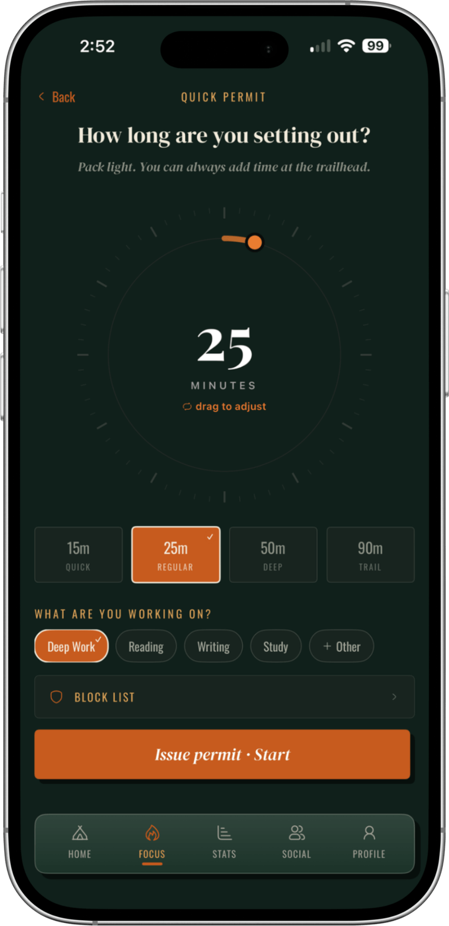 The Quick Permit screen, setting a 25 minute focus session with a block list