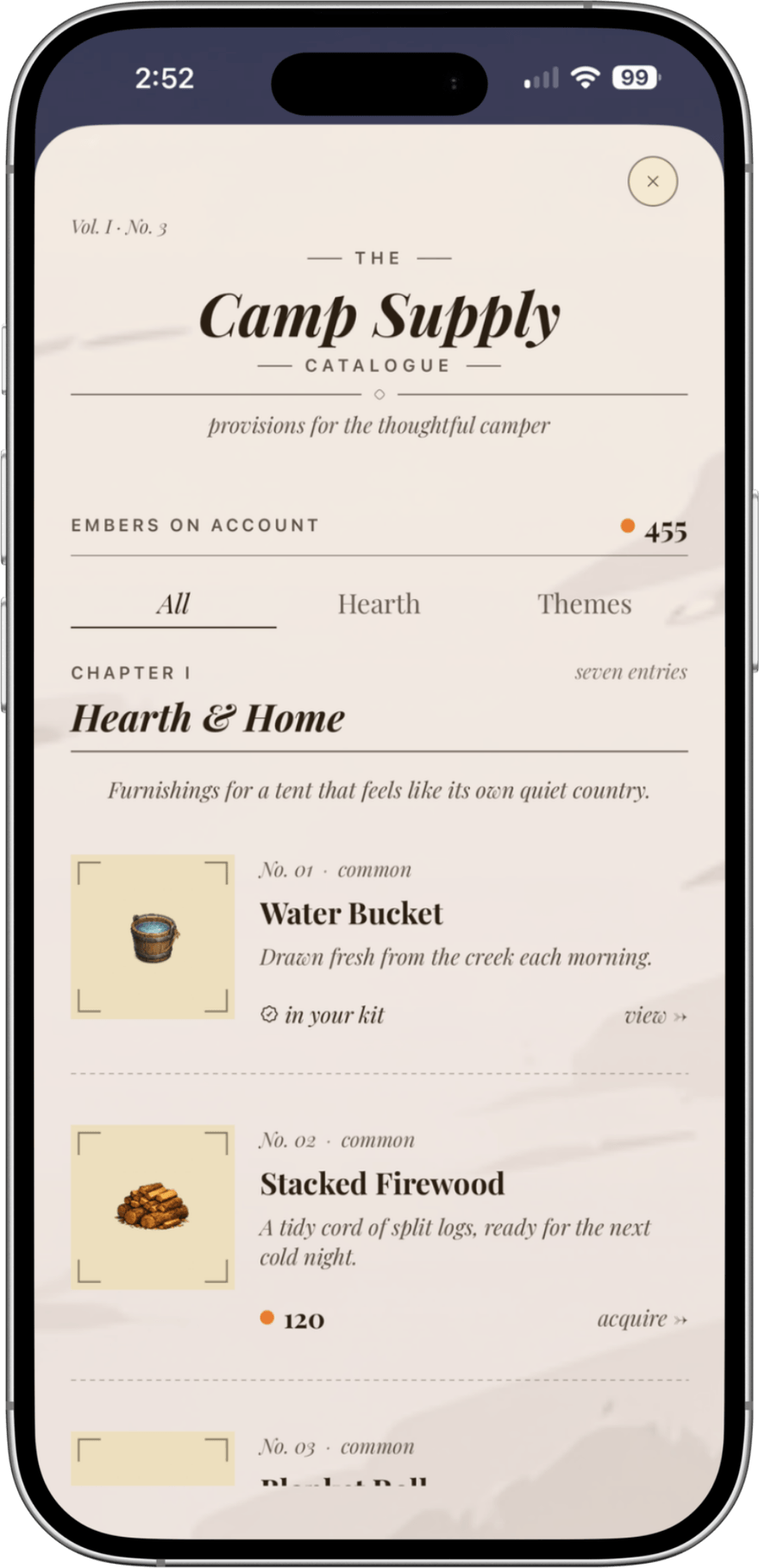 The Camp Supply Catalogue, showing items to unlock with earned embers